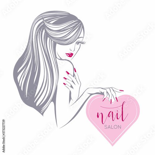 Woman with elegant hairstyle, makeup and manicure.Hair salon, nails art and beauty studio illustration.Cosmetics and spa logo.Young lady face and hands.Red lipstick and nail polish.