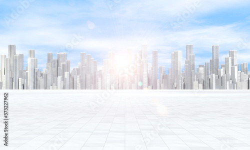 3D Rendering of pavement street walk with large buildings in mega city. For car advertising background