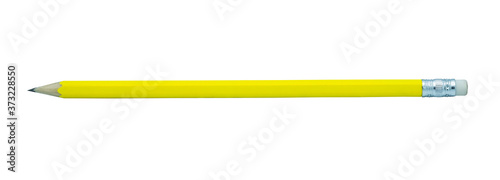 Yellow wooden pencil closeup with eraser in white background. © The KonG