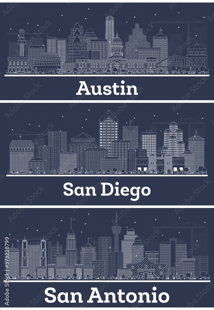 Outline San Diego California, San Antonio and Austin Texas City Skylines with White Buildings.