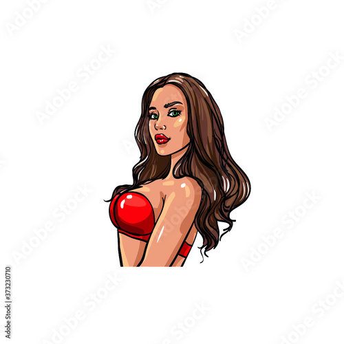 Portrait of a girl. Sexy woman in lingerie, red bra. Lady with long hair to the waist, standing sideways, looking over her shoulder. Mistress Vector character, avatar, erotic image 