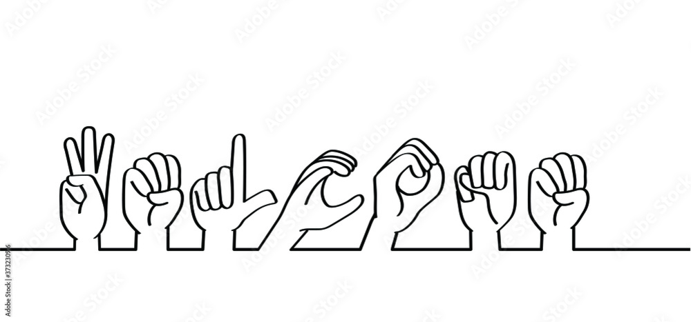 Hand spelling. Deaf sign language signs. Slogan WELCOME line patern