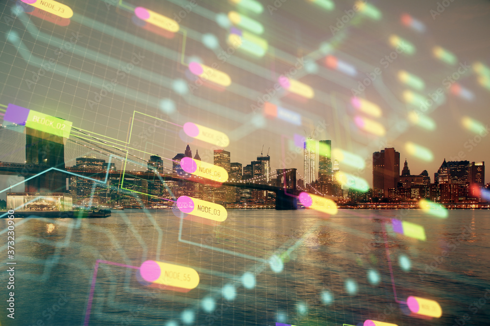 Fototapeta premium Data theme hologram drawing on city view with skyscrapers background multi exposure. Ai concept.