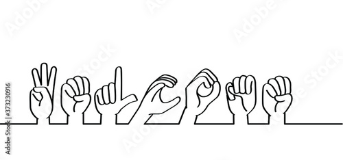 Hand spelling. Deaf sign language signs. Slogan WELCOME line patern background. Fingerspelling alphabet. Vector school teacher hand icon symbol Banner, wallpaper or card celebration. Funny happy hands