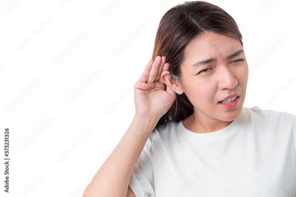 Asian woman wear white t-shirt hearing loss or hard of hearing and cupping her hand behind her ear isolate on white background , Deaf concept. Asian woman wear white t-shirt hearing loss or hard of hearing and cupping her hand behind her ear isolate on white background , Deaf concept.