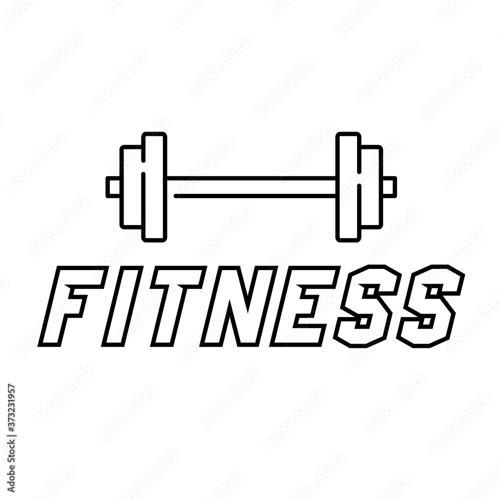 Concepto gimnasio. Logotipo lineal texto Fitness con mancuerna en color negro