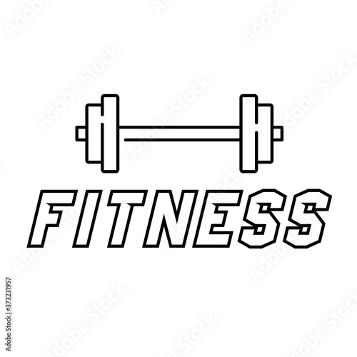 Concepto gimnasio. Logotipo lineal texto Fitness con mancuerna en color negro