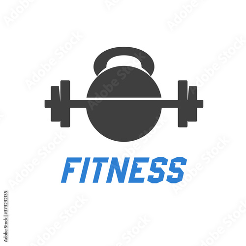 Concepto gimnasio. Logotipo Fitness con mancuerna en pesa rusa en gris y azul