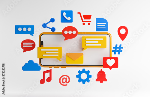 Social Media Concept. Cartoon Device with icons. White Background 3D Rendering