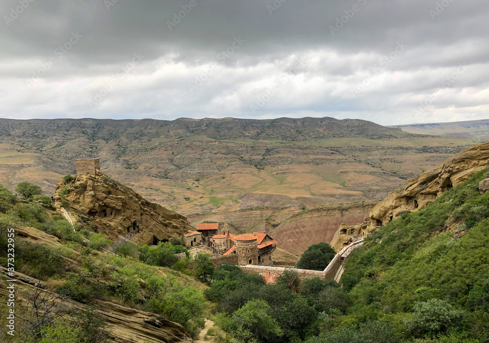 View of the ancient rocky monastery David Gareji. Since the 5th century, monks who wanted solitude and silence have stayed here. The monks carved their homes right in the rock