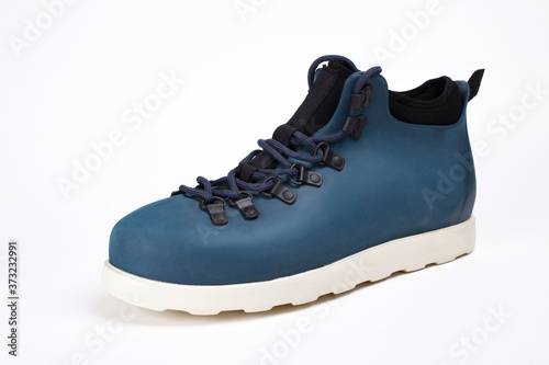 Urban style male footwear isolated. Left side cool urban boot side view closeup