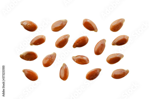 Flax seed set isolated on white background. Top view. Flax seeds, macro photography. Flax seeds close up isolated on white background.