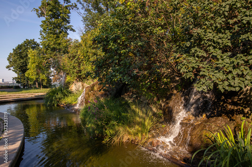 An artificially built lake into which three waterfalls flow. The lake is below Spilberk Castle in the city of Brno in the Czech Republic in Europe.