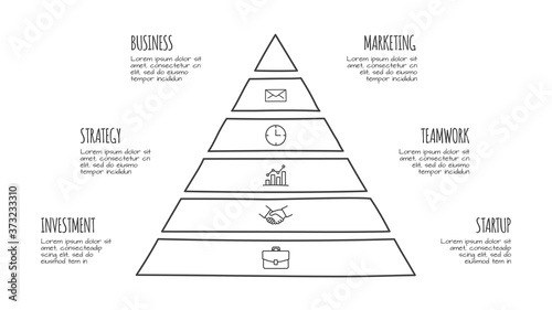 Doodle pyramid infographic with 6 options. Hand drawn icons. Thin line illustration