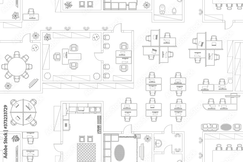 Seamless pattern. Office. Top view.
Working space.
Office room, meeting room, reception, restroom, office furniture, cabinets, desks, chairs, computers. View from above. Seamless pattern. Office. Top view.
Working space.
Office room, meeting room, reception, restroom, office furniture, cabinets, desks, chairs, computers. View from above.