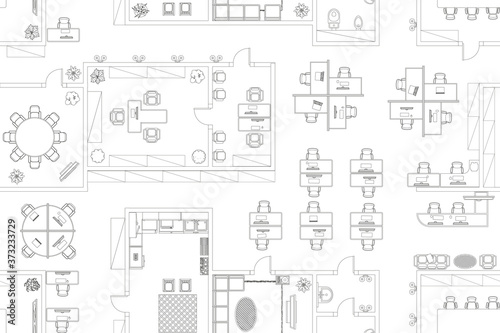 Seamless pattern. Office. Top view.
Working space. 
Office room, meeting room, reception, restroom, office furniture, cabinets, desks, chairs, computers. View from above.