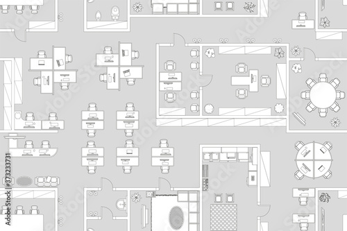 Seamless pattern. Office. Top view. Working space. Office room, meeting room, reception, restroom, office furniture, cabinets, desks, chairs, computers. View from above.