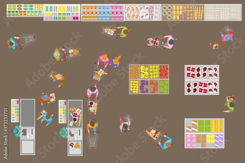 Food store. Top view. Buyers in the store. Shop cash desk. Showcases and counters. People with shopping carts. View from above.