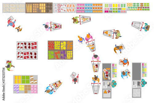Food store. Top view. Buyers in the store. Shop cash desk. Showcases and counters. People with shopping carts. View from above.