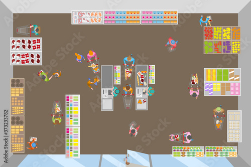 Food store. Top view. Buyers in the store. Shop cash desk. Showcases and counters. People with shopping carts. View from above.