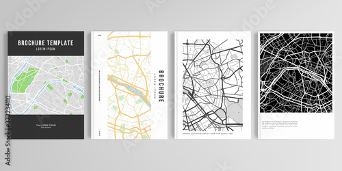 Realistic vector layouts of cover mockup design templates in A4 format with urban city map of Paris for brochure, cover design, flyer, book design, magazine, poster.