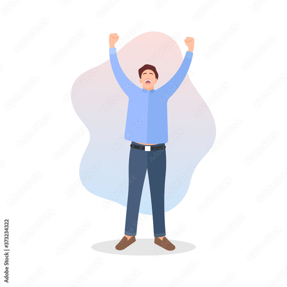 Young man standing and raising hands or arms. Successful smiling guy. Businessman concept. Career goal icon. Victory sign or symbol. Winner pose - Simple flat vector style character illustration. Young man standing and raising hands or arms. Successful smiling guy. Businessman concept. Career goal icon. Victory sign or symbol. Winner pose - Simple flat vector style character illustration.