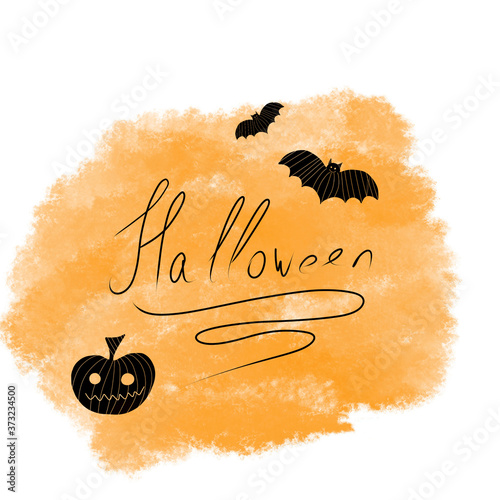 Happy Halloween text banner with bats and pumpkin. Hand drawn illustration. Hand drawn halloween lettering