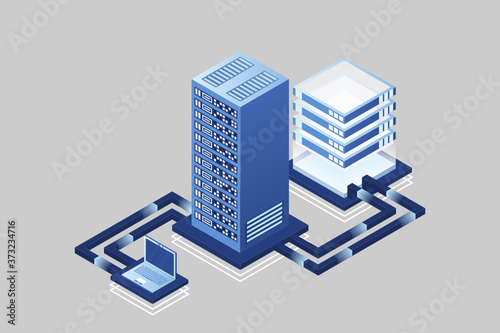 Transfer of user data to the server. Data hosting. Data flow. Data storage. Server. Digital space. Data center. Big Data. Technology. Conceptual illustration. Isometric vector illustration. 3D