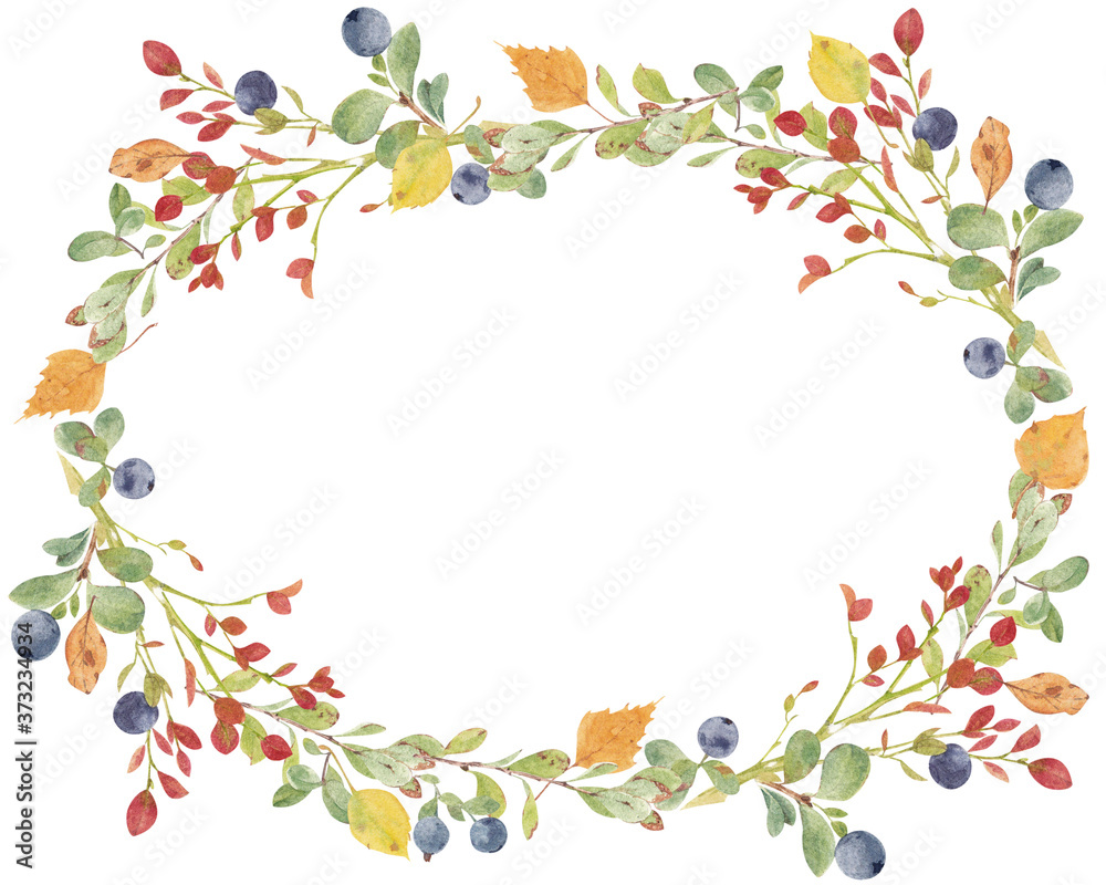 Watercolor wreath. Hand painted autumn branches and blueberries, aspen and birch leaves.
