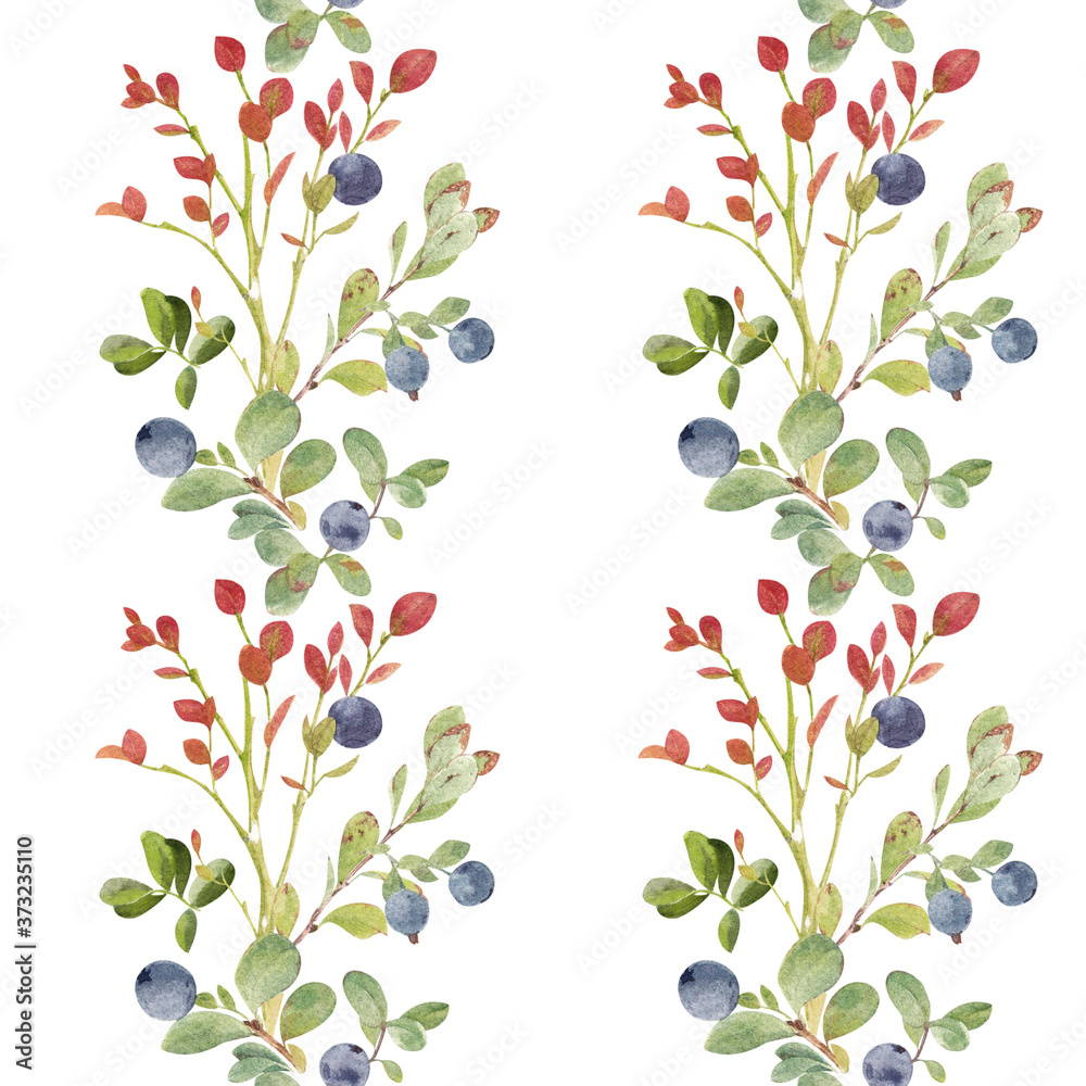 Watercolor seamless pattern. Hand painted autumn branches and blueberries.
