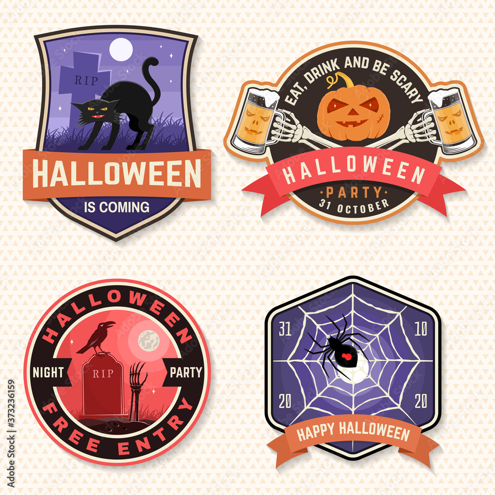 Halloween Beer party patch. Halloween retro badge, pin. Sticker for logo, print, seal. Scarecrow with raven, pumpkin, skeleton hand with glass of magic beer. Typography design- stock vector.
