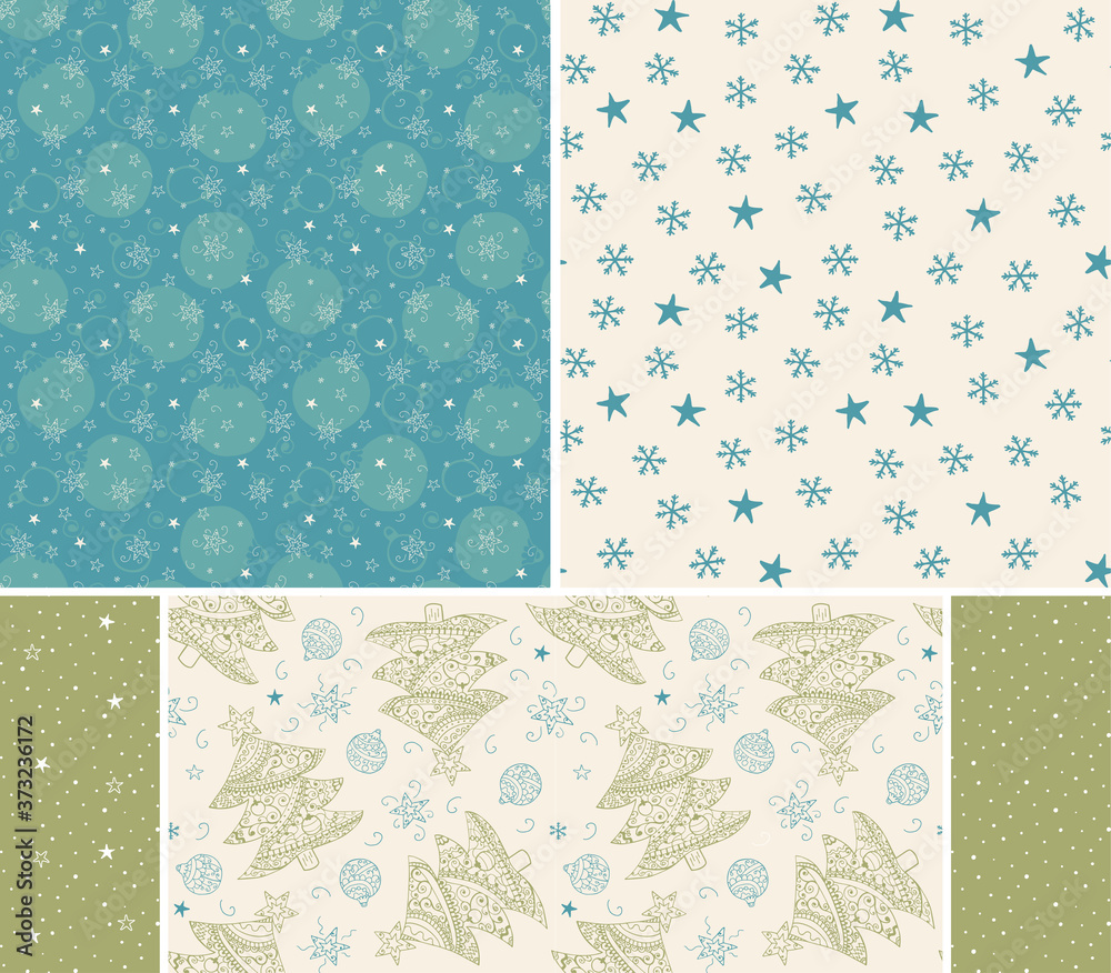 Christmas tree, balls, stars hand drawn seamless patterns. Blue green pastel colors. Set of patterns for cards, fabric, wrapping paper. Uneven lines