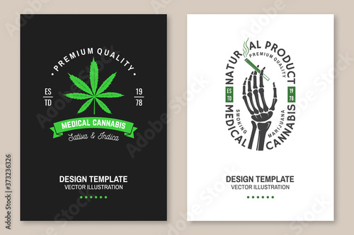 Medical cannabis poster, flyer, template with cannabis leaf, glass bong Vector. Typography logo design with cannabis leaf, glass bong silhouette For weed shop, cannabis, marijuana delivery service