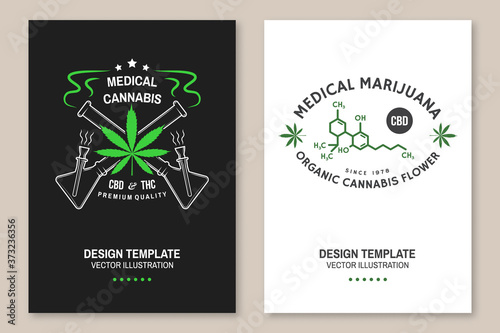 Medical cannabis poster, flyer, template with cannabis leaf, glass bong Vector. Typography logo design with cannabis leaf, glass bong silhouette For weed shop, cannabis, marijuana delivery service