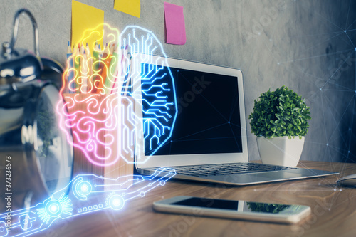 Double exposure of desktop computer and human brain drawing hologram. Ai concept.