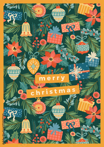 Christmas and Happy New Year illustration with Christmas decorations.