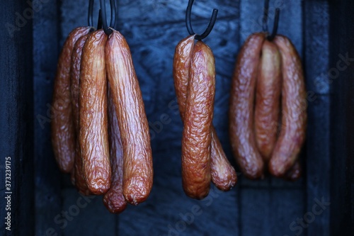 Smoked sausages in a small smokehouse in Denmark