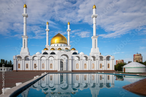 The Nur-Astana Mosque at sunrise in Nur-Sultan, the capital of Kazakhstan.