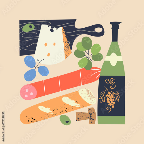 Still life of the correct geometric shape. Wine, cheese, grapes, bread and sausage. Vector illustration.