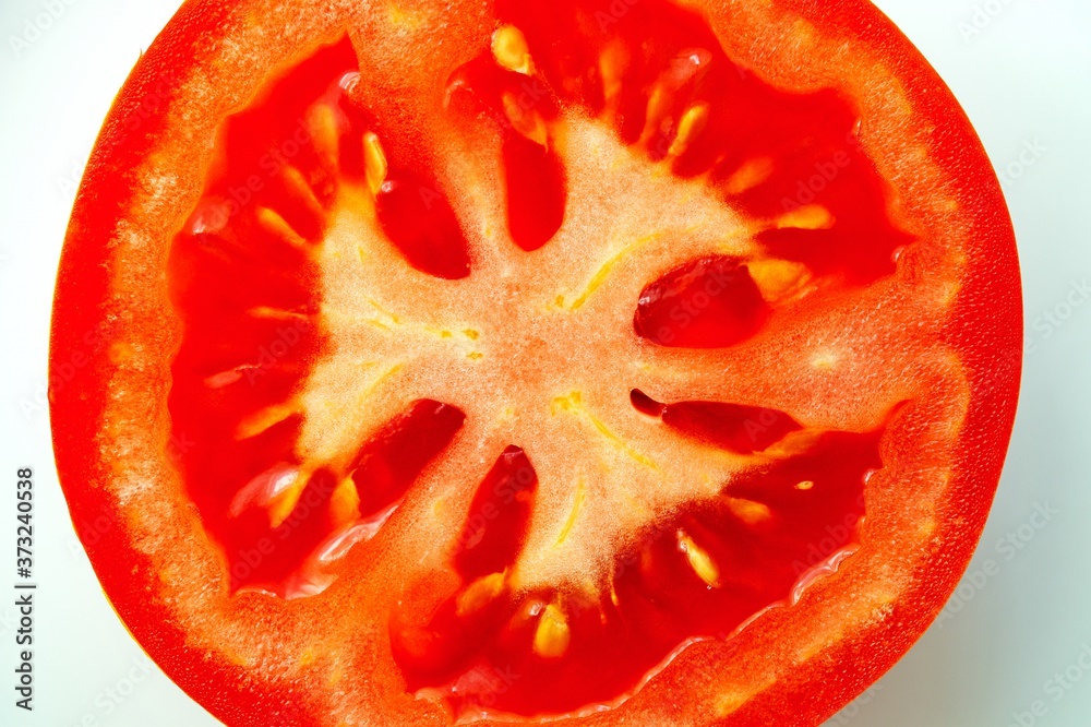 close-up view of slice of tomato, sliced tomato isolated on white background. Macro view of vegetable fruits dice close-up view of slice of tomato, sliced tomato isolated on white background. Macro view of vegetable fruits dice