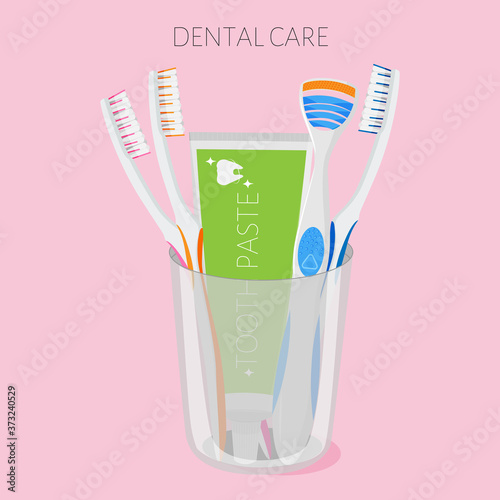 Vector set of elements in a glass, for dental care and healthy teeth, stock illustration.