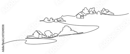 Rural landscape continuous one line vector drawing. Lake house in the woods hand drawn silhouette. Country nature panoramic sketch. Village minimalistic contour illustration.
