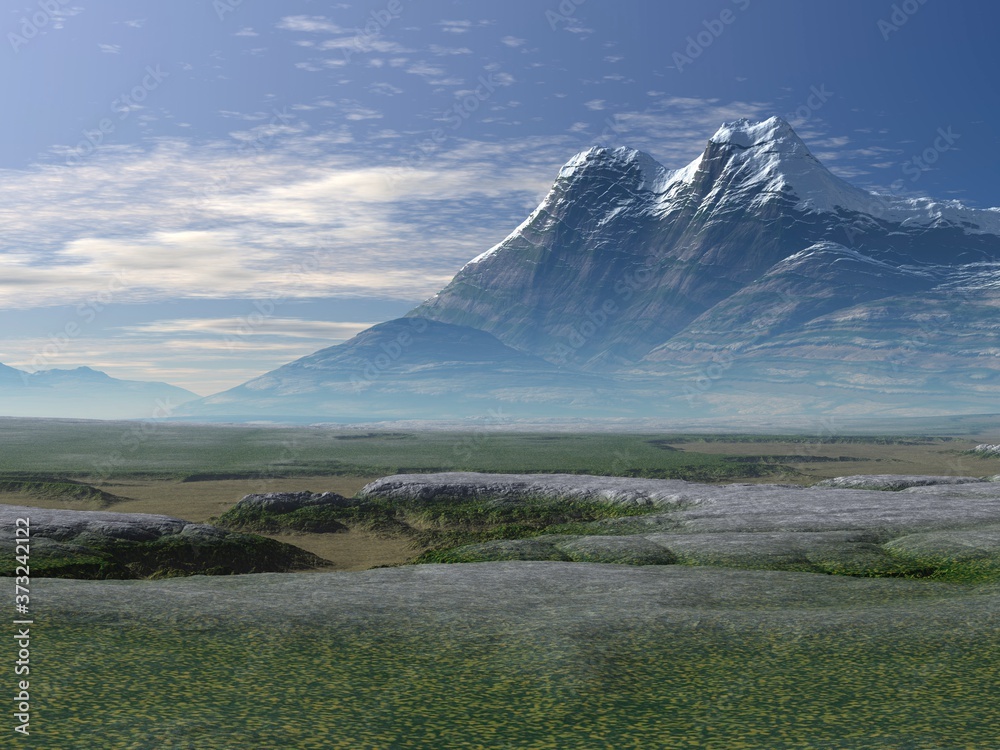 Fototapeta premium 3d, 3d illustration, adventure, art, atmosphere, backdrop, background, beautiful, beauty, blue, cloud, clouds, color, concept, design, fantasy, horizon, illustration, land, landscape, light, mountain,
