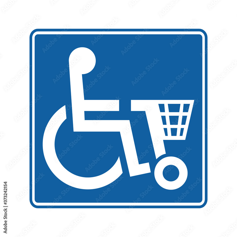 Shopmobility sign. Blue square with wheelchair and shopping cart inside. Disabled icon. Vector illustration of handicapped sign isolated on white background. Shopmobility sign. Blue square with wheelchair and shopping cart inside. Disabled icon. Vector illustration of handicapped sign isolated on white background.