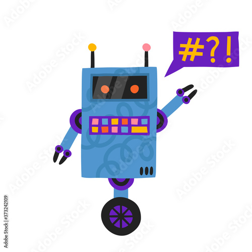Cute vintage robot character isolated on white background. Speech bubble with signs. Bot service concept. Fun technology computer machine with buttons, wheel and antennae. Stock vector illustration.