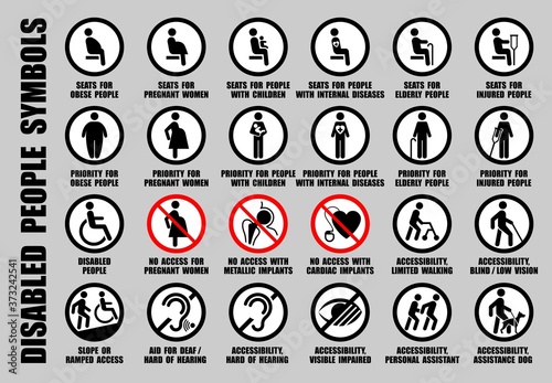 Full set of vector ISO icons with disabled, invalid, handicapped persons. Black round symbols of flat people figures isolated on white