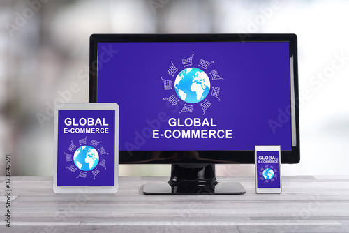 Global e-commerce concept on different devices