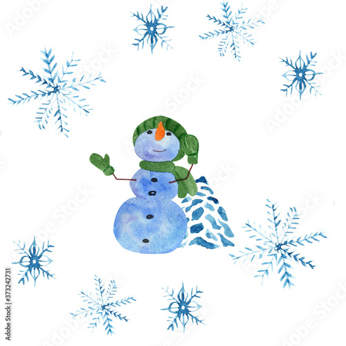 Merry Christmas and Happy New Year snowman watercolor
illustration isolated object on white background. For printing postcards and invitations