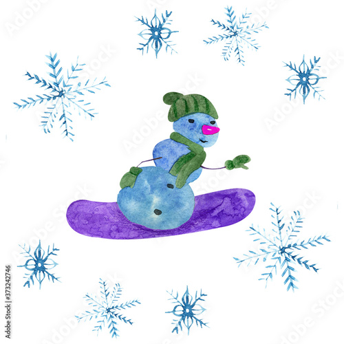 Merry Christmas and Happy New Year Snowman watercolor
illustration isolated object on white background. For printing postcards and invitations