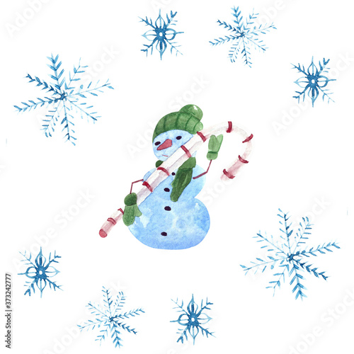 Merry Christmas and Happy New Year snowman candy cane watercolor
illustration isolated object on white background. For printing postcards and invitations